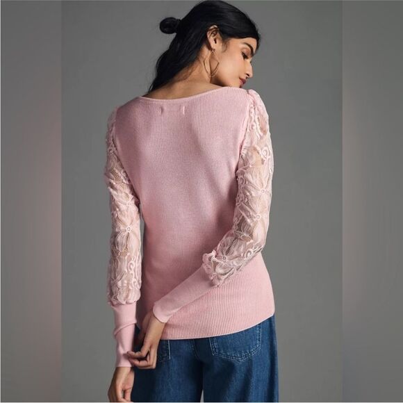 Anthropologie Baby Pink Ribbed Lace Sleeve Sweater Top - Picture 3 of 7